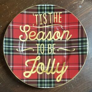 222 Fifth Red and Gold Plaid jolly Holiday salad dessert cookie Plate